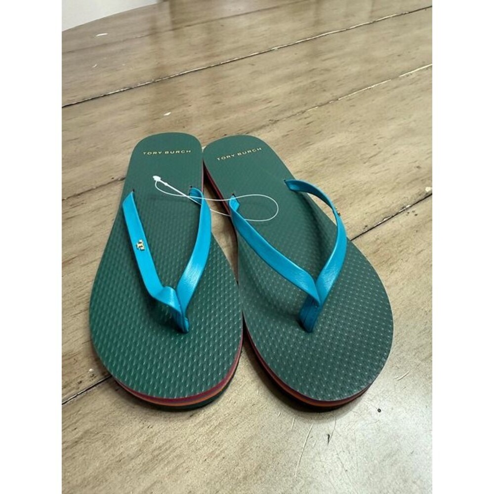 Tory Burch Blue Flip Flops Size 7 with Signature Logo NWB